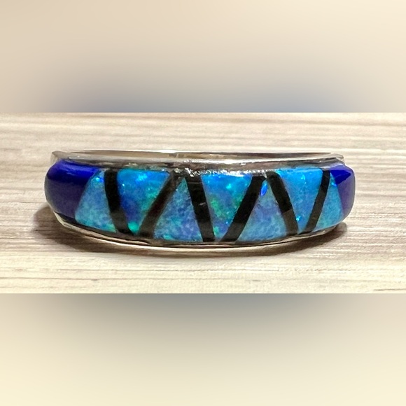 Native American Designer (8M) Sterling Silver Opal Lapis Onyx Inlay Band Ring - Picture 2 of 10